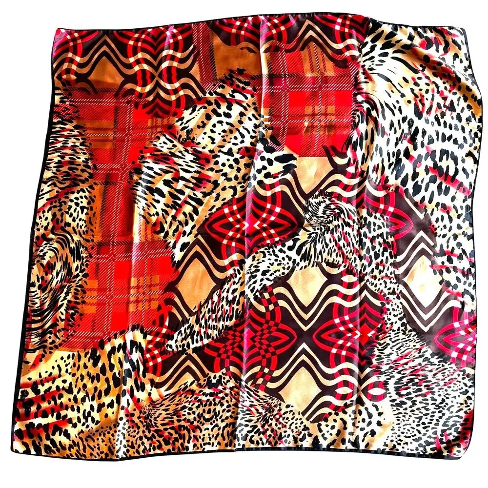 Silky polyester scarf large square black white red gold animal print geometric